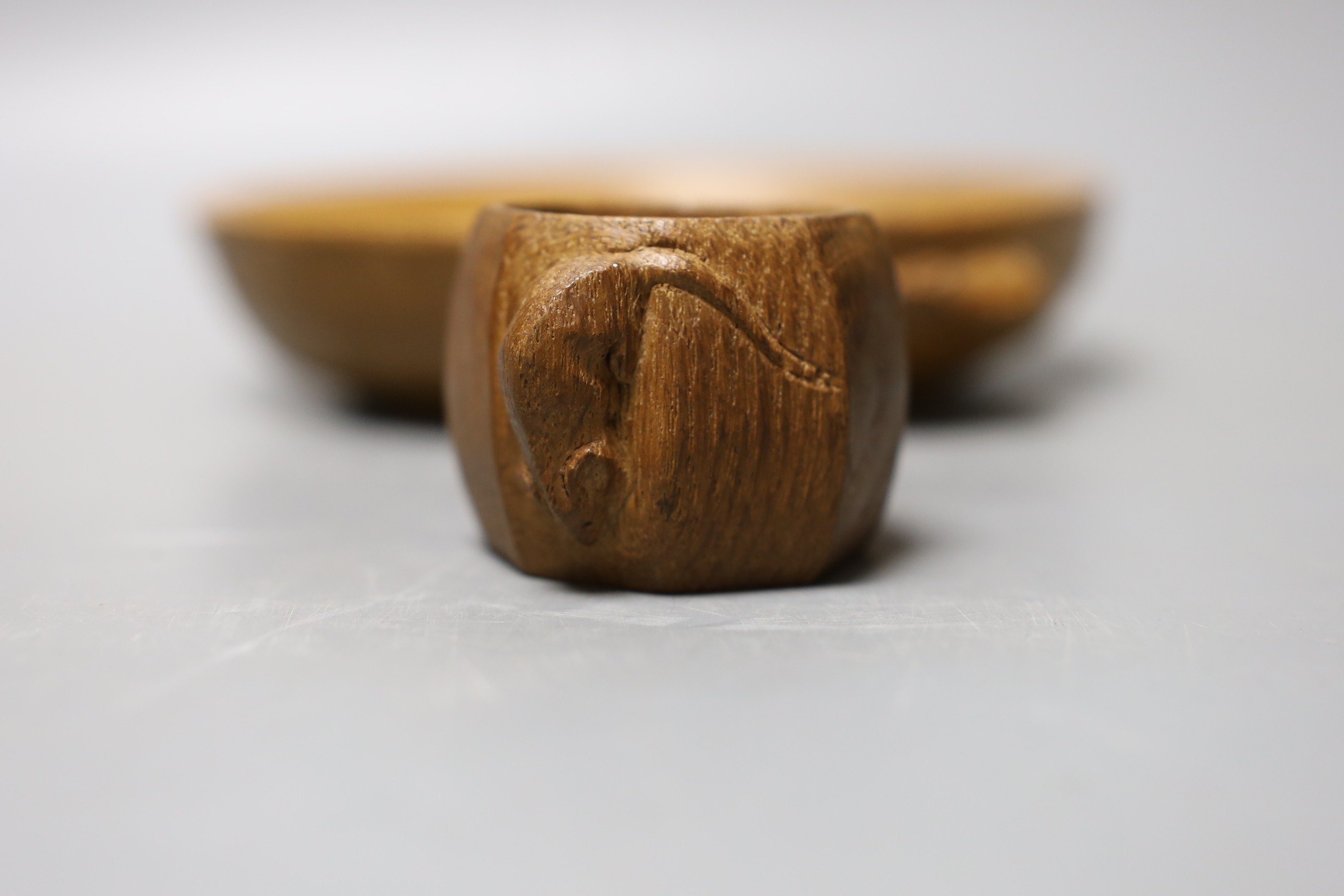 A Mouseman napkin ring and trinket dish - 18cm diameter